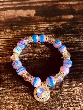 Pink &‎ Blue Beaded Crystal Charm Bracelet - Women's Jewelry